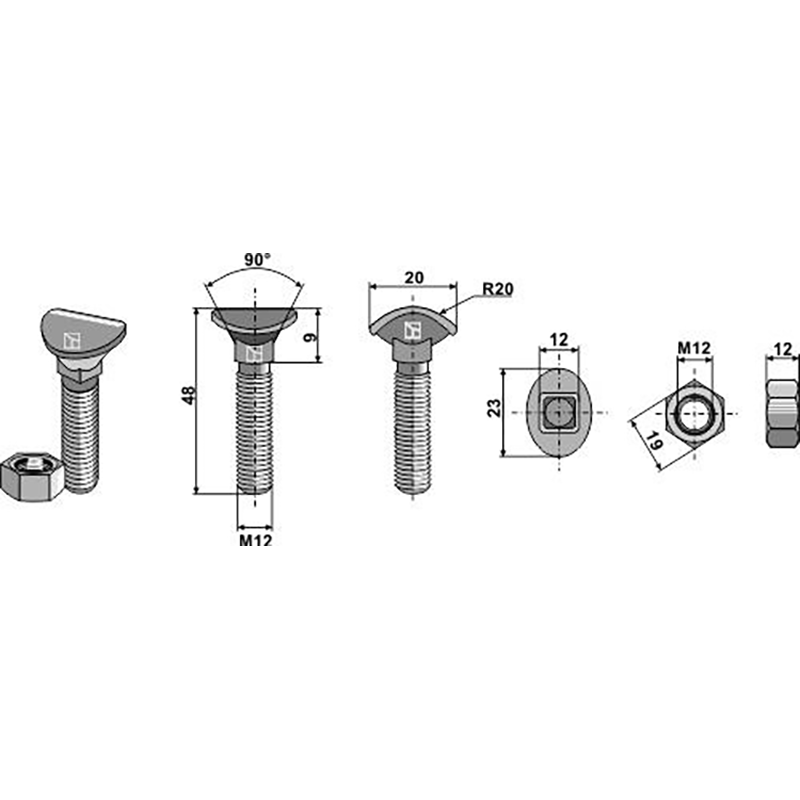 Landwirtschaft Bodenbearbeitung Grubber Schare & Leitbleche Planetschraube - M12x48 - 8.8