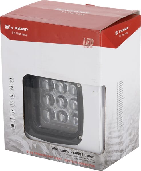 Arbeitsscheinwerfer LED, 45W, 4050lm, quadratisch, 12/24V, blau, 126x151x95mm Deutsch Stecker, Spotstrahl, 9 LED's LA10617