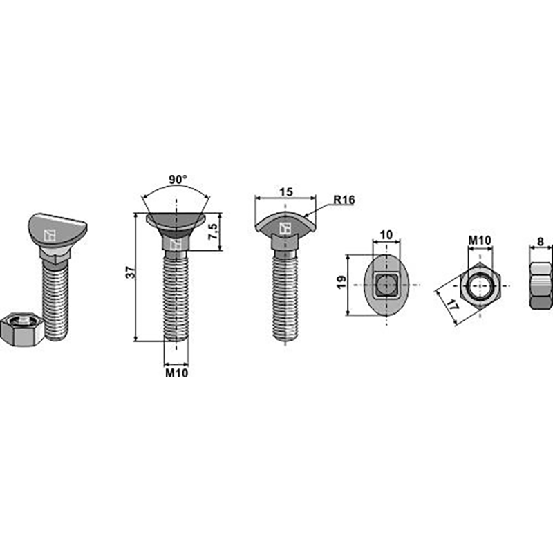 Landwirtschaft Bodenbearbeitung Grubber Schare & Leitbleche Planetschraube - M10x37 - 8.8